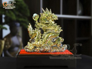 Tượng Linh vật Giáp Thìn men vân mây xanh vẽ vàng 24k cao cấp, cao 25cm