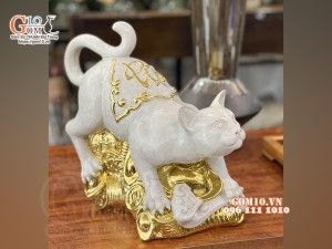 Tượng Linh vật Quý Mão màu trắng, dát vàng cao cấp, cao 33x37cm
