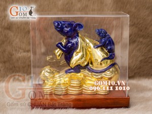 Tượng Linh vật tài lộc Canh Tý dát vàng màu xanh dương cao 16cm