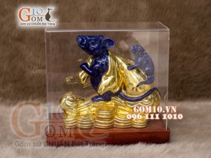 Tượng Linh vật tài lộc Canh Tý dát vàng màu xanh dương cao 20cm