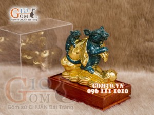 Tượng Linh vật tài lộc Canh Tý dát vàng màu xanh rêu cao 16cm