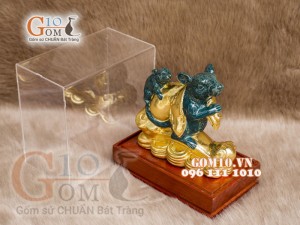 Tượng Linh vật tài lộc Canh Tý dát vàng màu xanh rêu cao 16cm