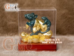 Tượng Linh vật tài lộc Canh Tý dát vàng màu xanh rêu cao 16cm