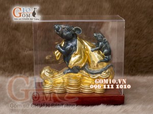 Tượng Linh vật tài lộc Canh Tý dát vàng màu xanh rêu cổ cao 20cm