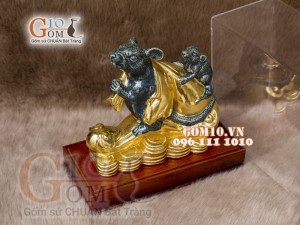 Tượng Linh vật tài lộc Canh Tý dát vàng màu xanh rêu cổ cao 20cm