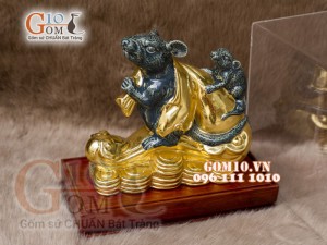 Tượng Linh vật tài lộc Canh Tý dát vàng màu xanh rêu cổ cao 20cm