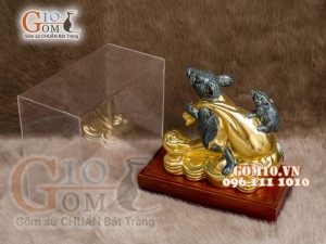 Tượng Linh vật tài lộc Canh Tý dát vàng màu xanh rêu cổ cao 20cm