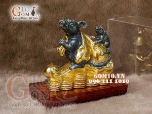 Tượng Linh vật tài lộc Canh Tý dát vàng màu xanh rêu cổ cao 20cm