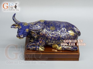 Tượng Linh vật tài lộc Tân Sửu màu xanh dương vẽ vàng cao 11,5 cm