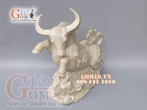 Tượng linh vật Trâu Tài Lộc màu trắng cao 43cm