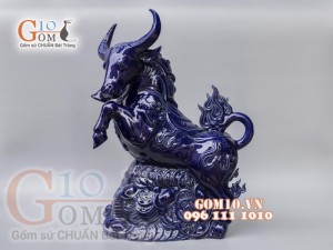 Tượng linh vật Trâu Tài Lộc xanh coban cao 43cm