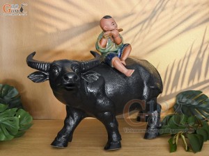 Tượng mục đồng cưỡi trâu thổi sáo, dài 45cm