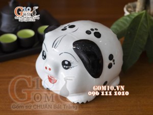 Tượng sứ tiết kiệm dáng Chó trắng đốm đen, 21cm 