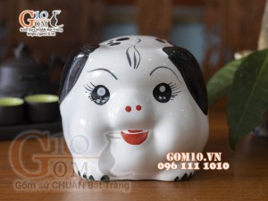 Tượng sứ tiết kiệm dáng Chó trắng đốm đen, 21cm 