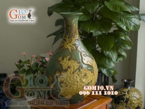 Tỳ bà men màu khắc nổi Công Trúc, cao 65cm