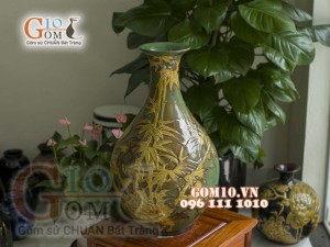 Tỳ bà men màu khắc nổi Công Trúc, cao 65cm