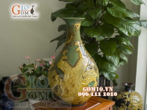 Tỳ bà men màu khắc nổi Công Trúc, cao 65cm