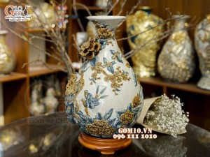 Tỳ bà men rạn đắp nổi Công Đào Phú Quý kênh, cao 45cm