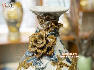 Tỳ bà men rạn đắp nổi Công Đào Phú Quý kênh, cao 45cm