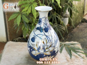 Tỳ bà men rong cổ cảnh Hoa Sen 42cm - Vẽ Vàng 24k