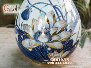 Tỳ bà men rong cổ cảnh Hoa Sen 42cm - Vẽ Vàng 24k