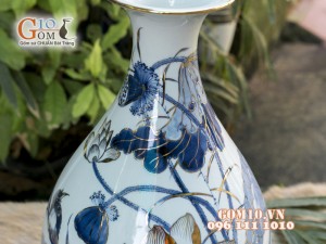 Tỳ bà men rong cổ cảnh Hoa Sen 42cm - Vẽ Vàng 24k