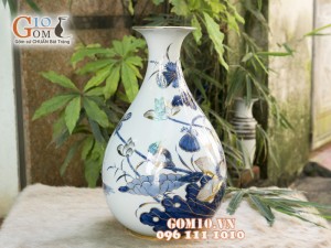 Tỳ bà men rong cổ cảnh Hoa Sen 42cm - Vẽ Vàng 24k