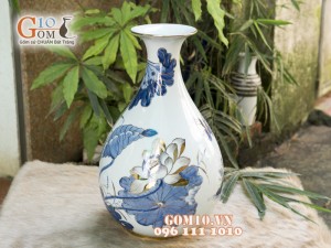 Tỳ bà men rong cổ cảnh Hoa Sen 42cm - Vẽ Vàng 24k