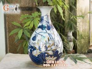 Tỳ bà men rong cổ cảnh Hoa Sen 42cm - Vẽ Vàng 24k