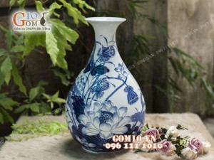 Tỳ bà tài lộc men rong cổ họa tiết hoa Sen, cao 42cm