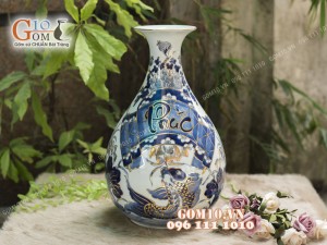 Tỳ Bà Tài Lộc men rong cổ họa tiết Thư Pháp, cao 42cm