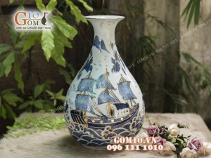 Tỳ Bà Tài Lộc men rong cổ họa tiết Thuận Buồm Xuôi Gió, cao 42cm