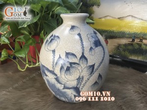 Vò cổ nhỏ men rạn cổ vẽ sen cao 21cm