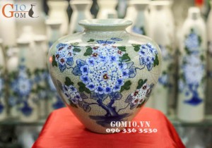 Vò men rạn vẽ hoa tú cầu, cao 23cm