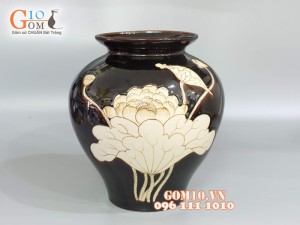 Vò miệng rộng men đơn sắc khắc sen 35cm