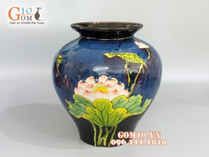 Vò miệng rộng men đơn sắc khắc sen màu 35cm