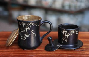 Bộ phin cà phê men gốm khắc trúc( Nắp vàng - xanh - đỏ )