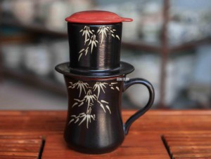 Bộ phin cà phê men gốm khắc trúc( Nắp vàng - xanh - đỏ )